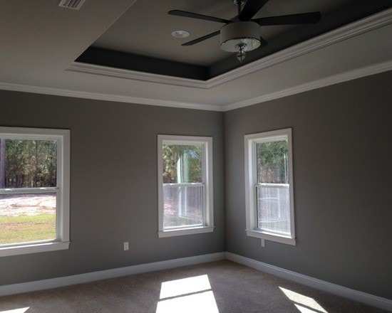 Master bedroom with gray walls, dark tray ceiling, ceiling fan, crown molding, carpet and three windows