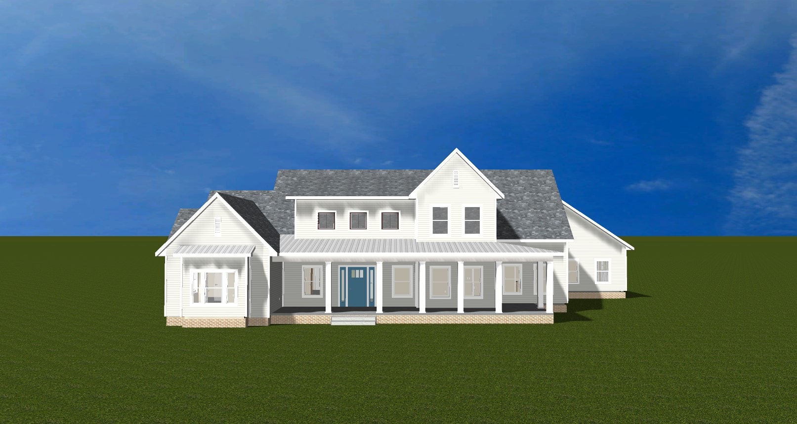 Country Farmhouse — 3D rendering, wide front view with covered porch