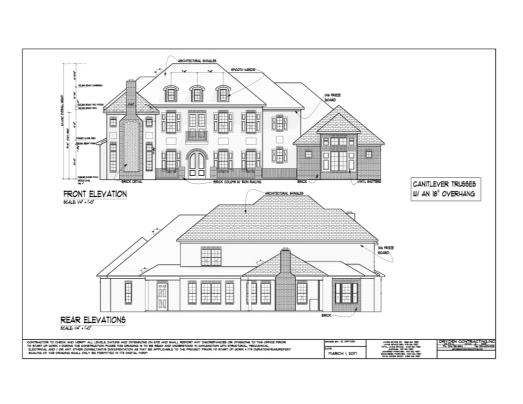 Two-Story Brick Colonial — Front and Rear Elevation drawings with cantilevered trusses