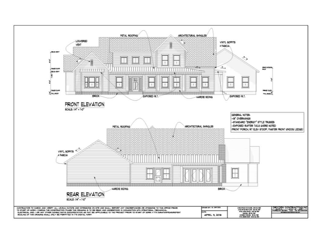 Two-Story Brick Colonial — Left and Right Elevation drawings with copper metal roofing